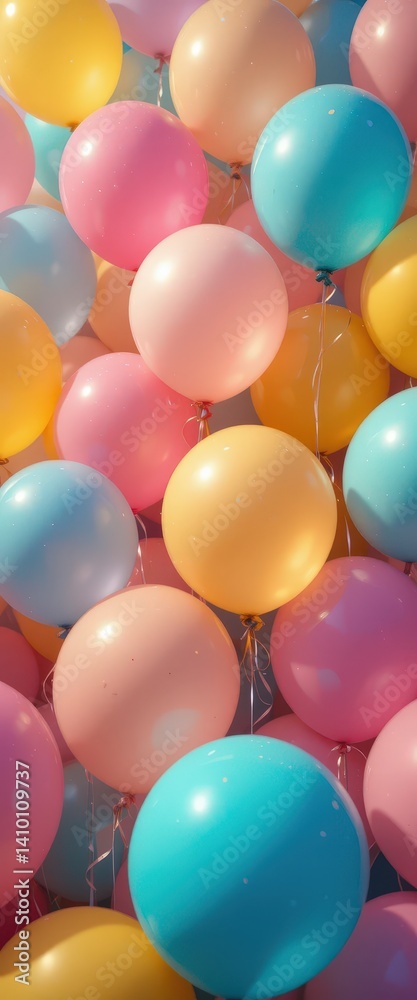A vibrant bunch of colorful balloons floats gently in the air, showcasing a mix of bright reds, blues, yellows, and greens, tied together with shiny ribbons, creating a festive atmosphere.