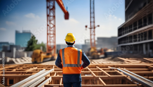 Un hombre trabajador de la construcción con chaleco y casco de seguridad manejando una grúa en una obra de un futuro edificio photo