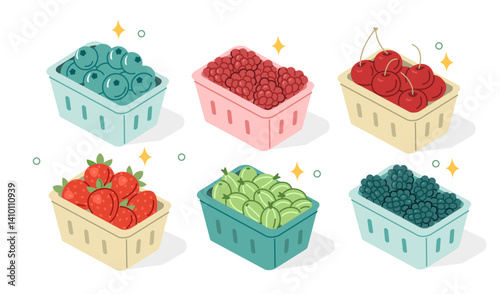 Various berries in supermarket carton boxes. Strawberry, blueberry, cherry, raspberry, gooseberry and blackberry set. Healthy eating concept. Isometric vector illustration.