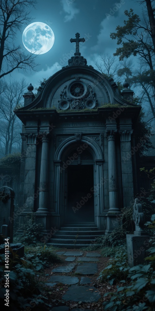 Fototapeta premium A serene cemetery scene featuring weathered tombstones of various shapes and sizes, surrounded by lush greenery. An antique clock stands prominently, its hands frozen in time, adding a haunting charm.