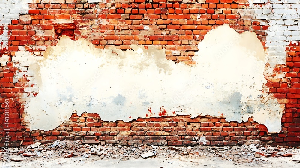 Rustic brick wall with weathered stucco revealing the textures of age and history Rustic brick wall with weathered stucco revealing the textures of age and history