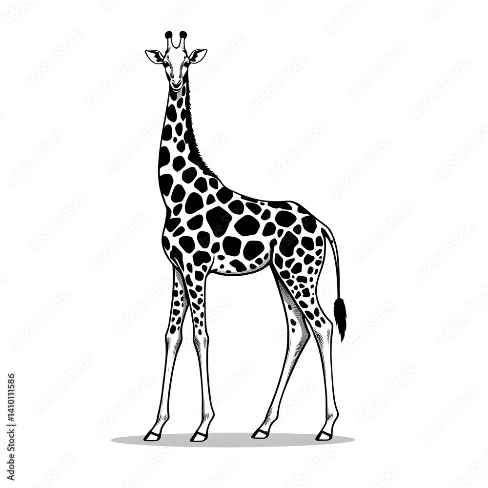 Naklejka premium Black and White Giraffe Illustration – High Contrast Animal Art Drawing