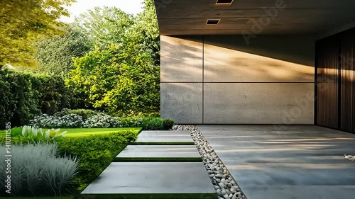 Modern House Exterior with Lush Greenery and Stone Pathway