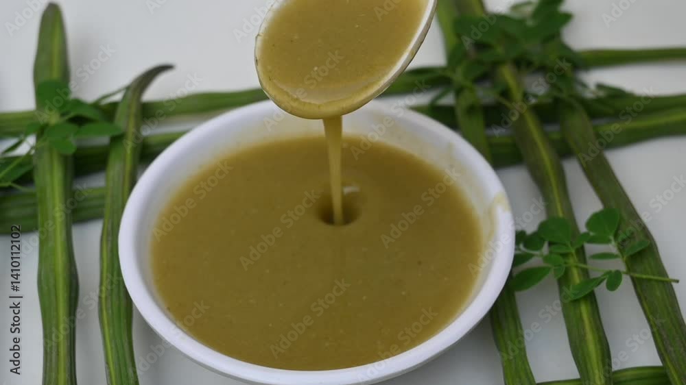 Moringa oleifera or drumstick pods soup. Moringa oleifera other names moringa, horseradish, and ben oil tree and benzolive. Healthy and tasty soup. Healthy drinks.
