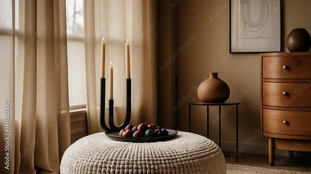 Inviting corner featuring a boucle ottoman, chic candle holder, and minimalist decor. The warm tones and simple yet elegant design establish a perfect space for relaxation.