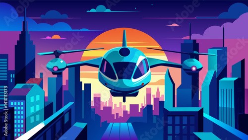 Against the vibrant backdrop of the city lights the autonomous air taxis become almost invisible as they glide smoothly through the sky avoiding any potential collisions.. Vector illustration