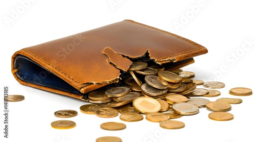 A torn wallet spills coins, symbolizing financial struggles and the importance of money management.