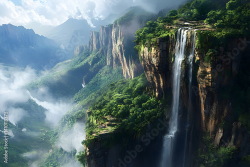 Dramatic mountain scenery with cascading waterfall.