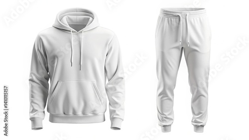 White sweatshirt with hood and sweatpants isolated on gray , hooded tracksuit suit mockup
