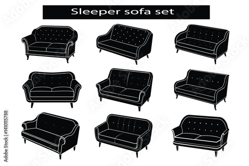 Black and white furniture and sofa icon set with various 