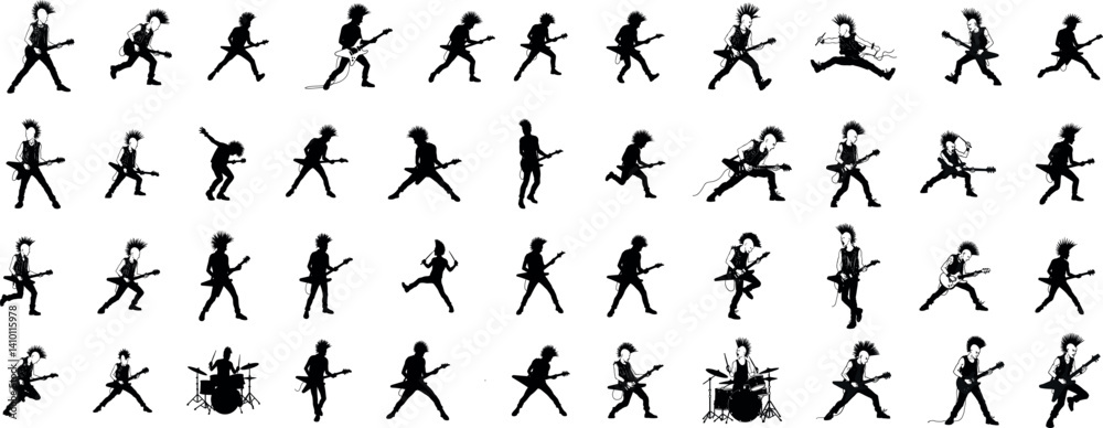 Naklejka premium monochrome vector rockstar musician guitar and drum in mezzotint photocopy effect, for grunge punk y2k collage design. guitarist vocalist retro elements.