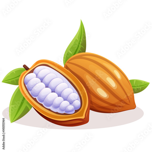 realistic cocoa fruit beans open in half with grains