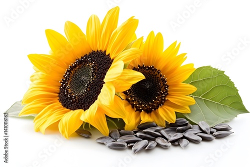 Sunflower Oil with Fresh Sunflower and Seeds on White Background photo