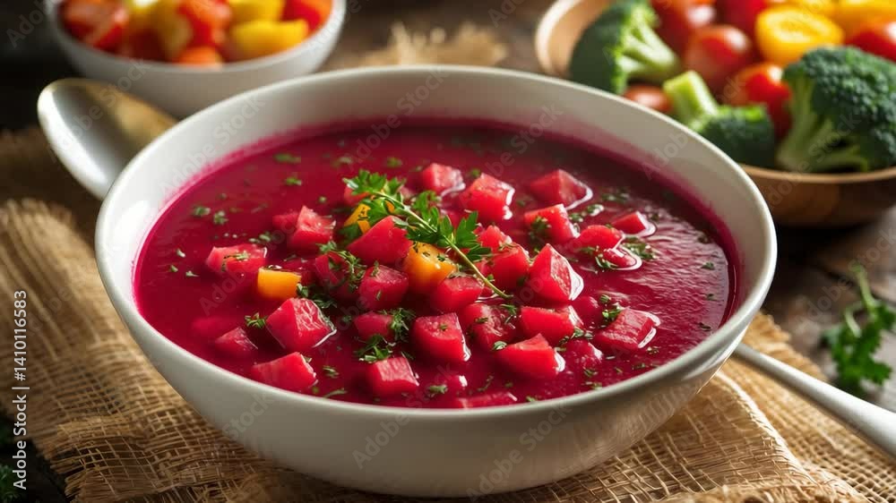 Warm bowl of borscht, a lively red beet soup, topped with chopped tomatoes. Ideal comfort dish!