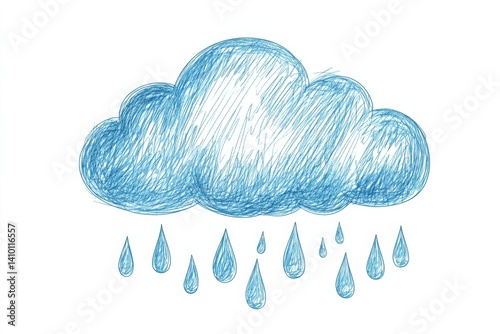 Hand-drawn illustration of a rain cloud.  Simple, light blue colored sketch, with rain drops falling