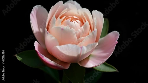 Elegant Peach and Pink Peony Bud Blooming in Dark Background