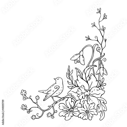 Little bird and blooming flowers outline vector illustration. Floral arrangement with primula, daffodil, snowdrops in cute doodle style. Pen and ink spring mood sketch for greeting cards, posters
