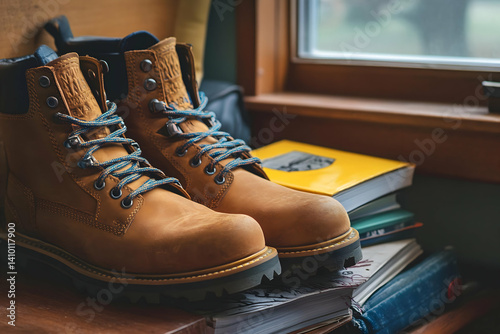 Educational necessities arranged near durable footwear denoting shift in weather readying for renewed efforts after leisure intervals.