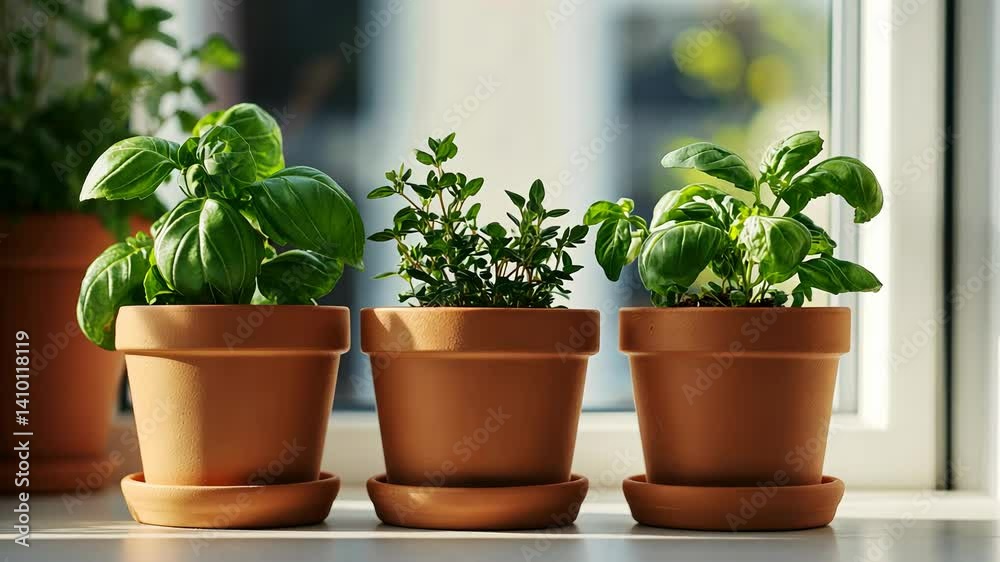 Aromatic herbs growing in terracotta pots on a bright windowsill
