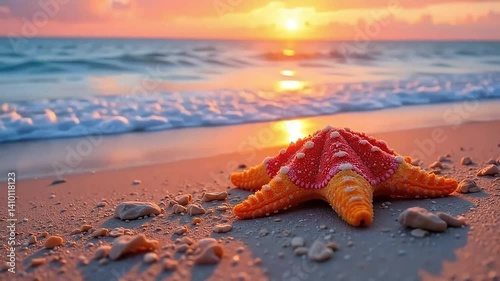 Vibrant Starfish on Sandy Beach at Sunset Ocean Waves