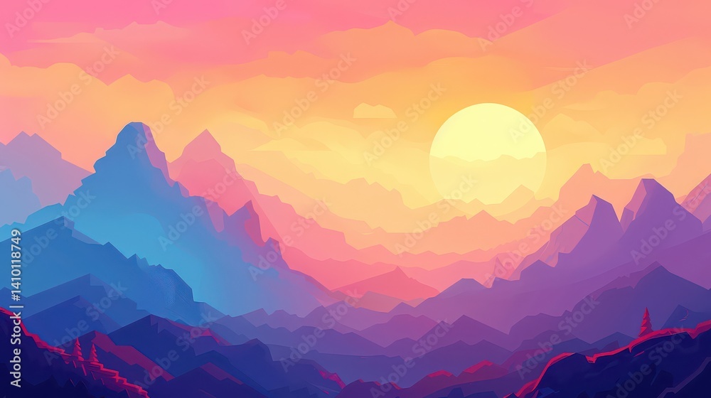 Fototapeta premium A bright sunrise over a mountain range, with a soft gradient of colors in the sky 