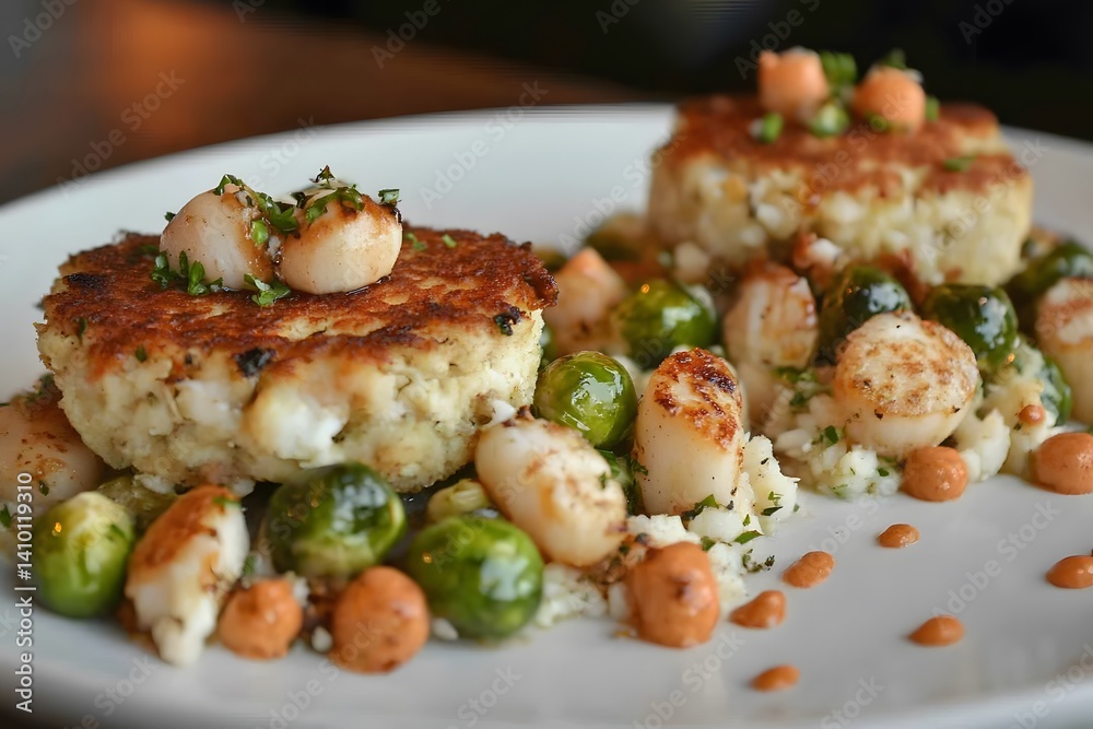 Delicious Pan-Seared Scallops with Crab Cakes and Brussels Sprouts Delicious Pan-Seared Scallops with Crab Cakes and Brussels Sprouts