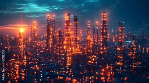 Wallpaper Mural Futuristic city skyline at sunset, glowing orange. Torontodigital.ca