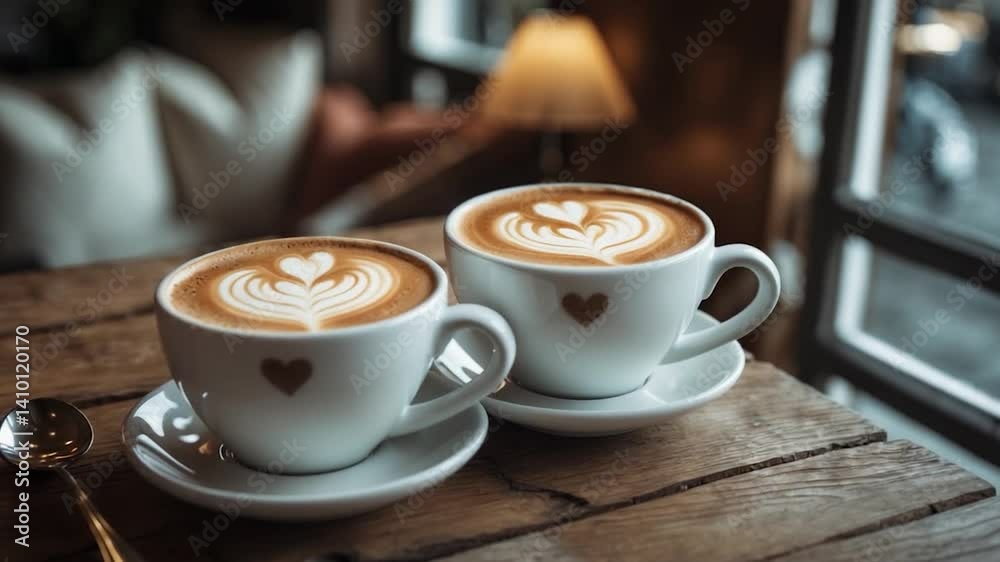 Close-up image of two white cups full of fragrant coffee adorned with heart-shaped latte art on a wooden tabletop by a window with light shading on the surface accompanied by a spoon Close-up image of two white cups full of fragrant coffee adorned with heart-shaped latte art on a wooden tabletop by a window with light shading on the surface accompanied by a spoon