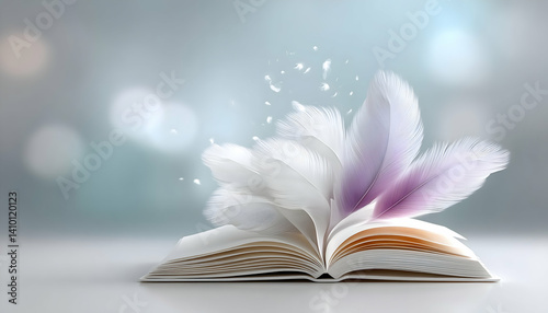 Open book with soft, pastel feathers emanating from its pages, dreamy bokeh background
