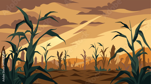 The muted colors of the driedup plants in the field created an eerie landscape a haunting reminder of the devastating impact of crop failure.. Vector illustration