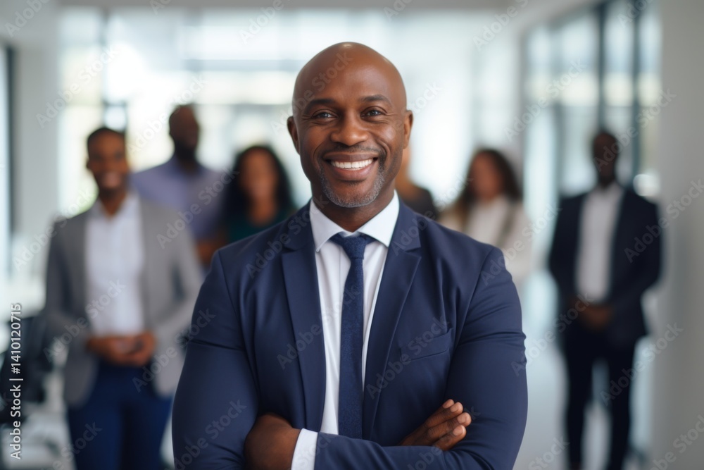 Portrait of a smiling mature businessman posing in front of her coworkers in modern office Portrait of a smiling mature businessman posing in front of her coworkers in modern office