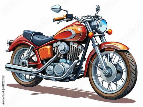 A high-quality vector of a classic cruiser motorcycle with chrome parts and wide handlebars, isolated on a white background