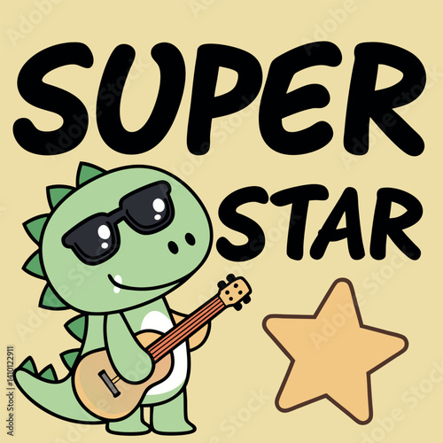 Cute Dinosaur Playing Guitar Superstar Design for Kids T-shirts and Apparel.