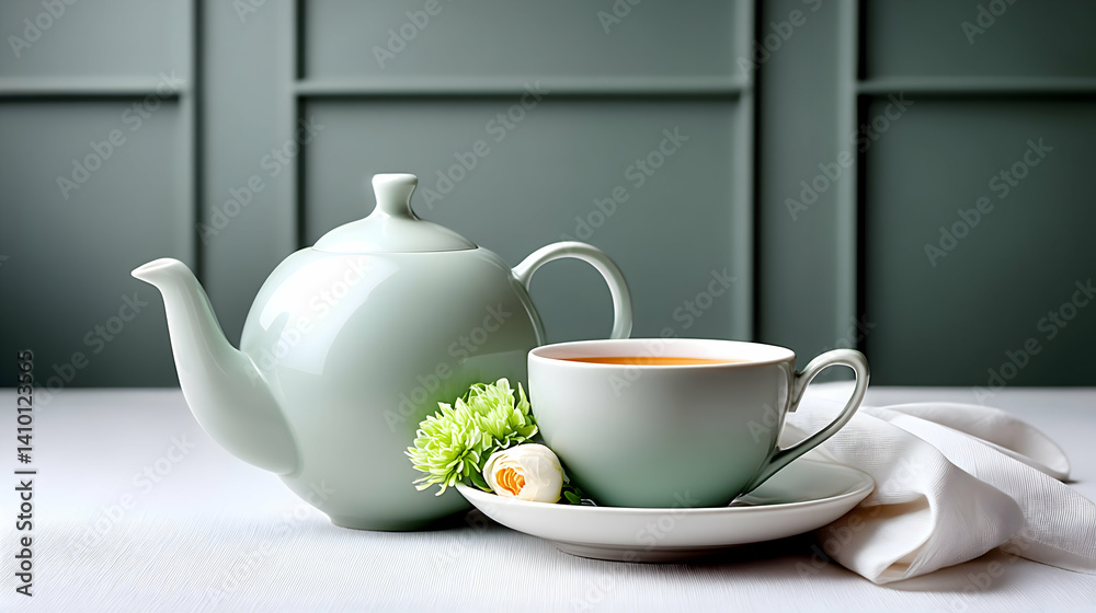 A sage green teapot and teacup set on a white tablecloth with a small flower garnish A sage green teapot and teacup set on a white tablecloth with a small flower garnish