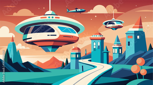 The futuristic eVTOLs are a popular sight for tourists who often snap photos of the sleek vehicles as they zip through the air and land perfectly on the resorts helipad.. Vector illustration