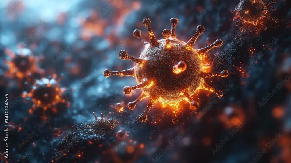 Fiery virus particles in a smoky environment.
