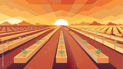 As the sun beat down on the deserted fields rows of empty seedling trays glimmered a haunting image of the failed harvest.. Vector illustration
