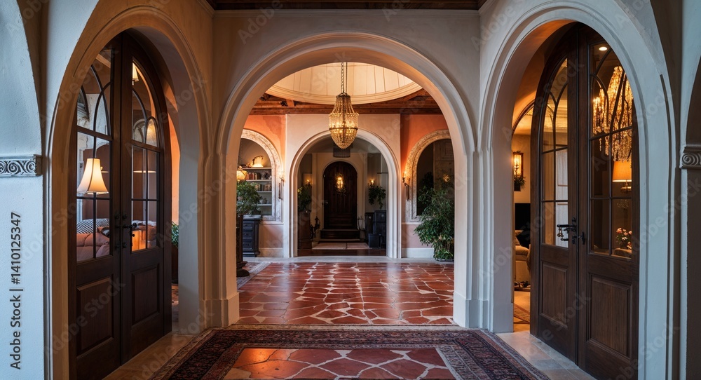 Fototapeta premium arched doorways leading to different rooms inside home cinematic view background