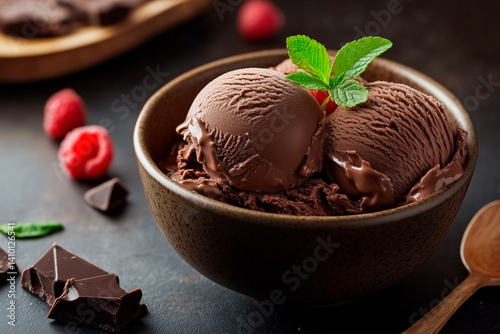 Chocolate ice cream balls in a bowl decorated with sprigs of mint and raspberries, dark background