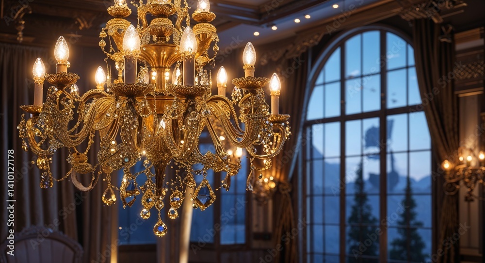 Obraz premium ornate chandelier casting golden light inside home cinematic view background