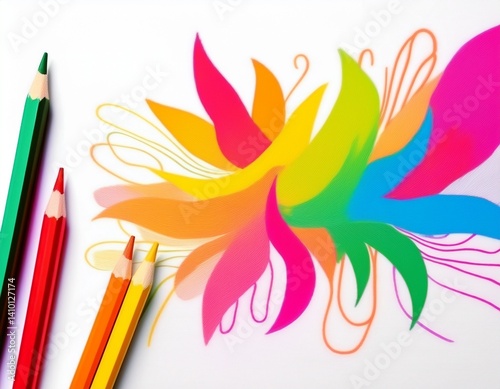 Hand-drawn colorful rainbow illustration with flowers, leaves, bird and nature elements in pencil style vector art design concept for spring summer icon logo set
