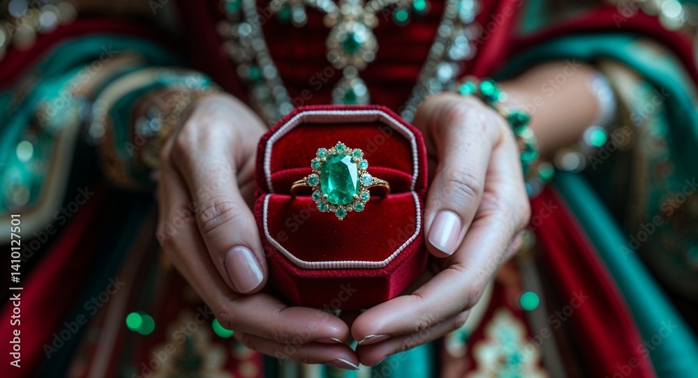 Fototapeta premium red velvet jewelry box holding an emerald ring cinematic view background