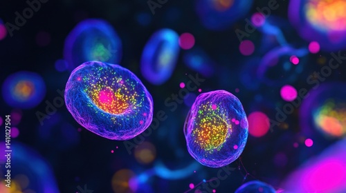 A microscopic view of fluorescent cells glowing with vibrant colors, providing insight into biological processes.