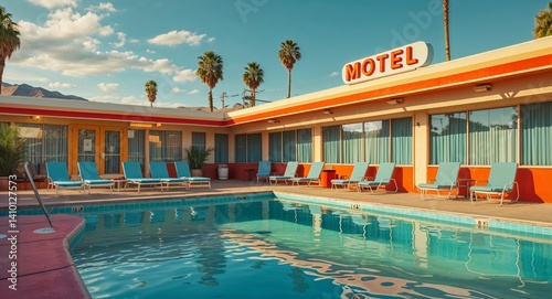 retro motel pool area with lounge chairs cinematic view background 