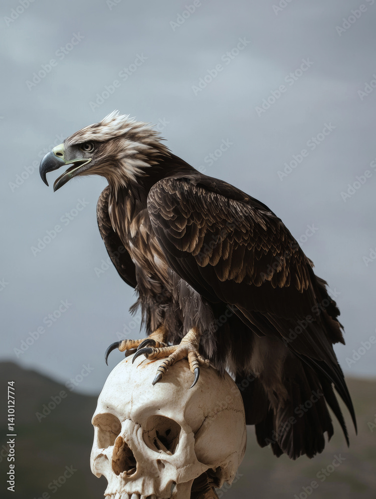 A mountain eagle sits on a human skull, a stylish surreal photograph against the backdrop of mountains, a melancholic concept