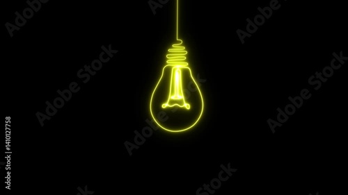 Glowing neon lightning bulb icon. Neon light blub icon animated on isolated black background.