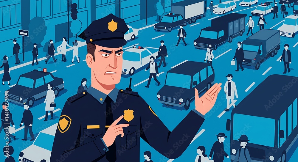 Obraz premium City Police Officer Directing Traffic Amidst Busy Urban Street Scene