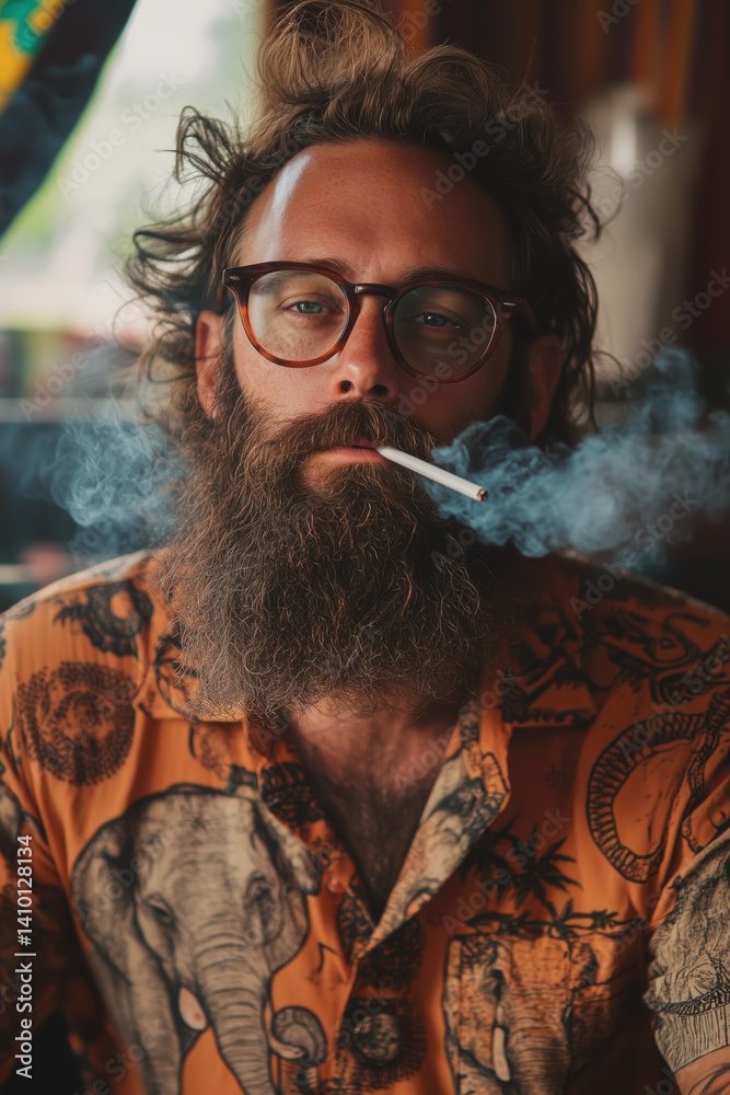 Obraz premium Casual portrait of a bearded man wearing glasses and a colorful printed shirt, smoking a cigarette with surrounding smoke, showcasing a relaxed and contemplative mood and unique fashion style.