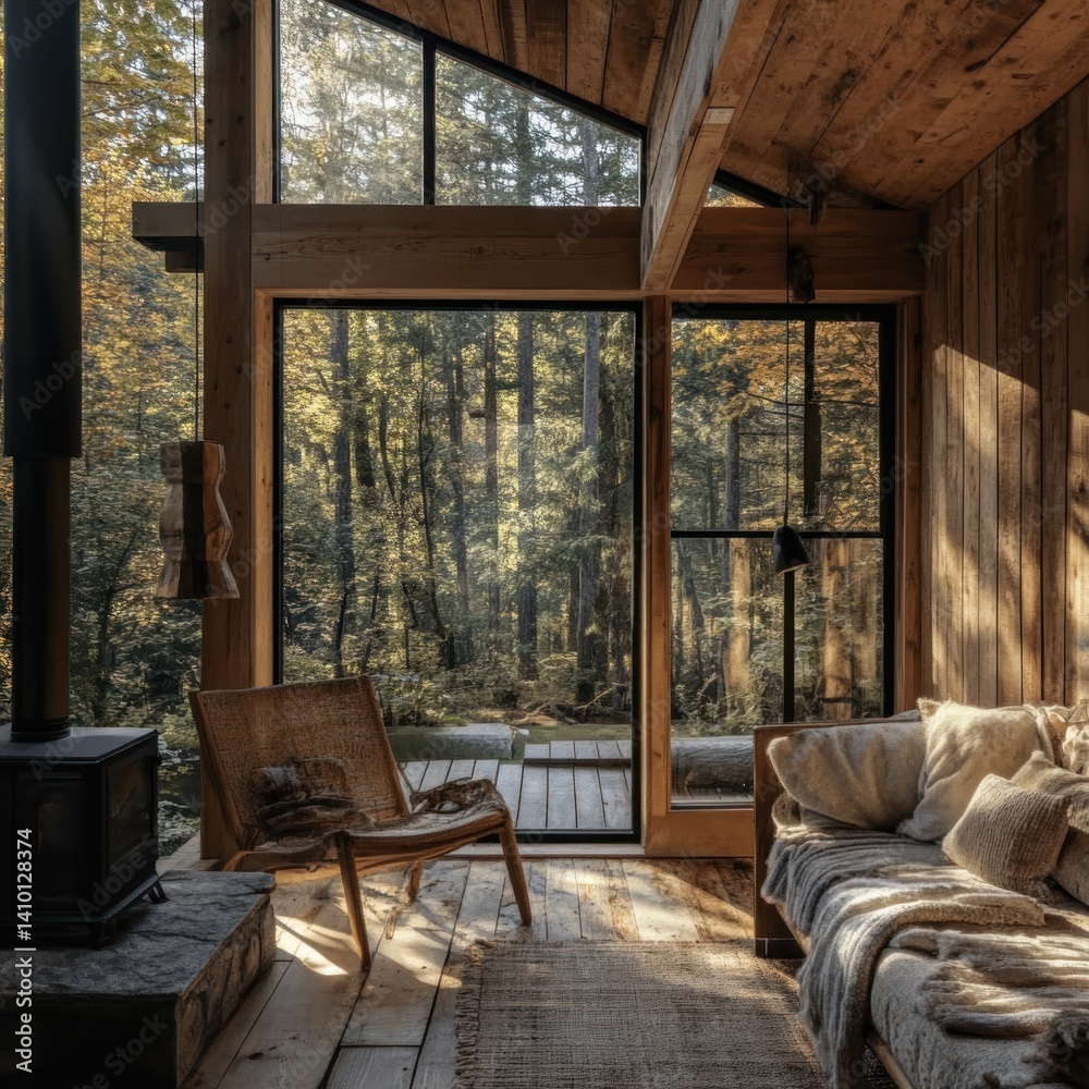 Fototapeta premium Cozy Cabin Escape: Sunlit Forest Retreat