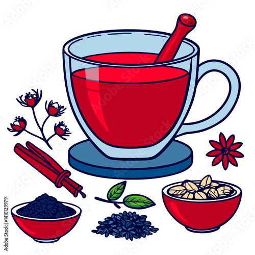 Herbal Tea Ingredients with Components in Flat Vector Style  